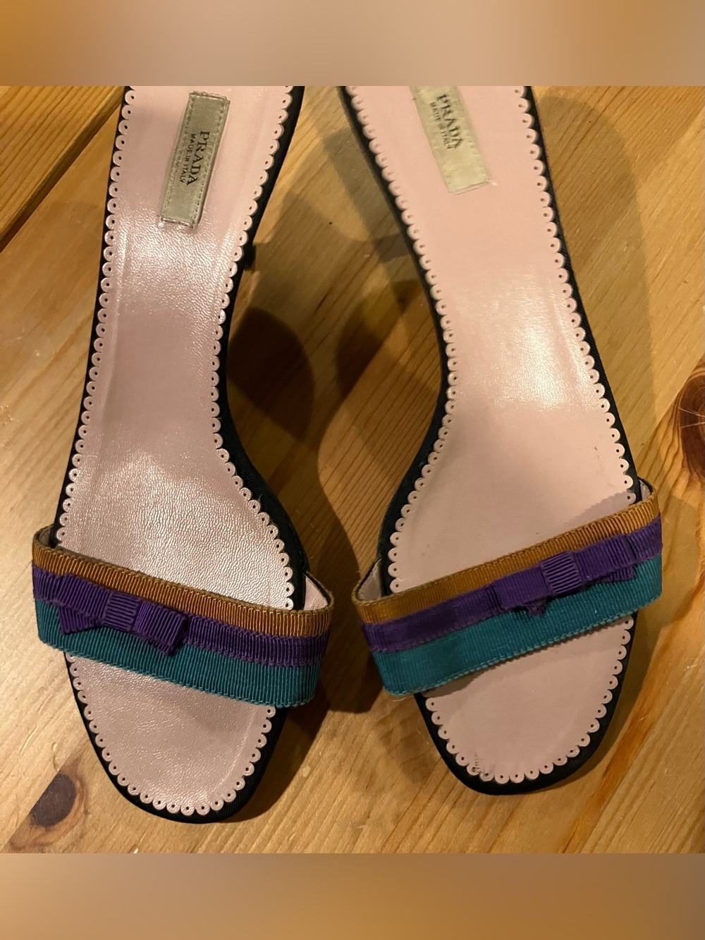 EUC Prada Vero Cuoio Leather Slide Sandals with Teal, Purple & Gold Trim Size 37 - Picture 5 of 10